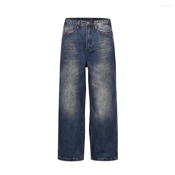 Jeans masculinos High Street Wave Wide perna largo azul reto emendado calças de jeans casuais casuais y2k unissex cargos soltos