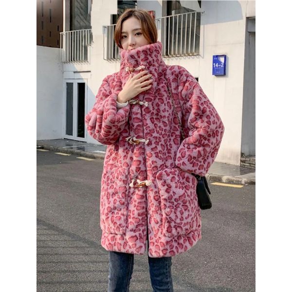 Winterjacken für Frauen 2023 Leopardenhornknopf dick war warme lange rosa künstliche Kaninchenpelzmantel Frauen flauschige Pelzjacke Tops