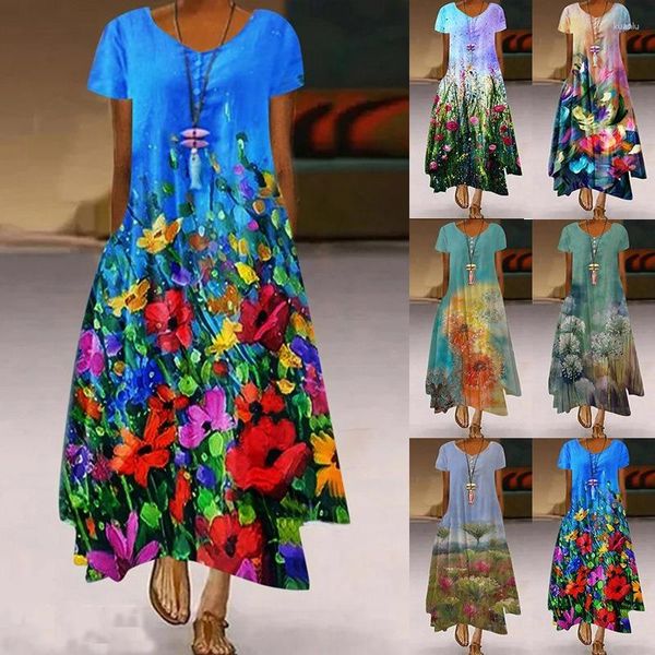 Günlük elbiseler y2k yaz çiçek baskısı uzun kadınlar o boyun düğmeleri düzensiz hem maksi gevşek plaj vestidos 5xl