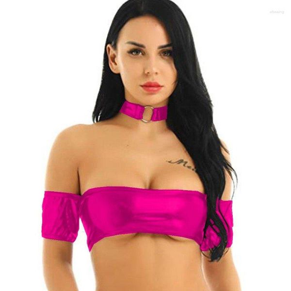 Serpaci da donna Donne sexy in pelle sexy Pu Shiny Shindless Short Short Tops Bandeau con collana di girocollo del colletto O-ring 7xl