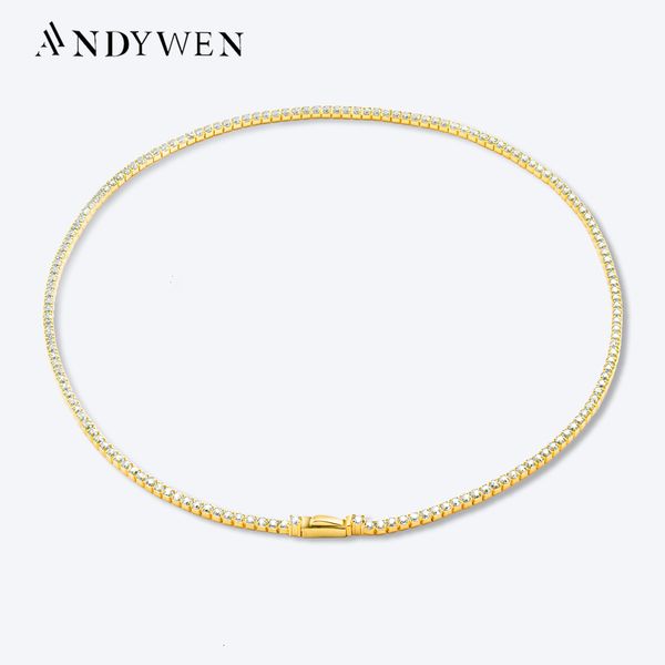 Collane a sospensione Andywen 925 Sterling Silver Gold 2mm Catena da tennis Collana girocollo lungo 37 5 cm Donne Festa Fare gioielleria fine 2023 230816