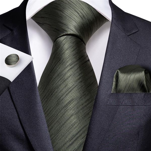 İpek kravat Set Koyu Yeşil Çizgili Erkekler Bütün Klasik Jakard Dokuma Kravat Cep Square Kufflinks Düğün İş N-722245o