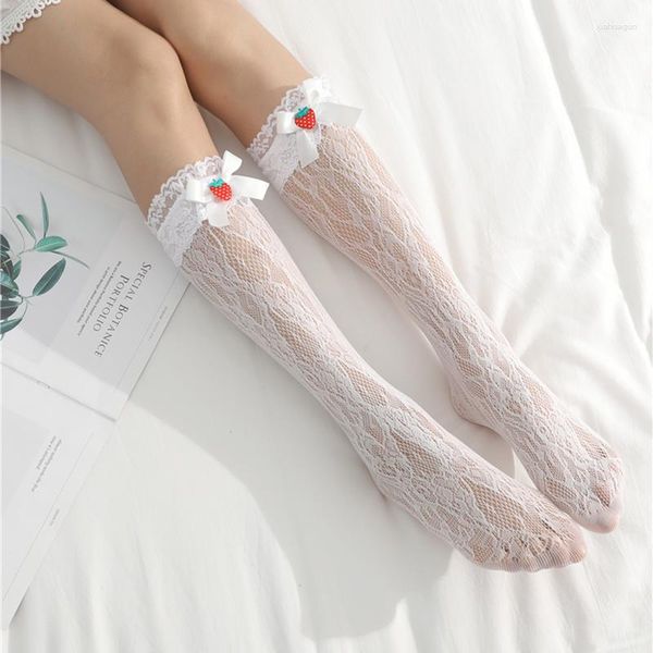 Frauen Socken Lolita weißer Spitze Erdbeer dünne Strümpfe Femme Long Kne Sock Oberschenkel JK Transparent Calcetin