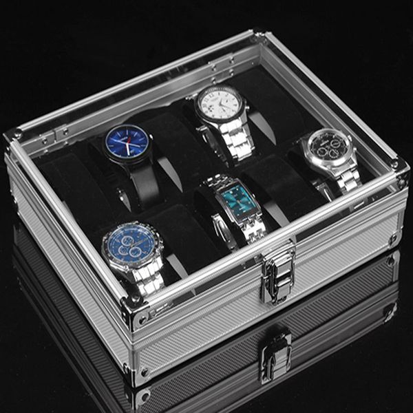 Caixas de jóias 6/12slot Aluminium Jewelry Watch Storage Box With Handle Grid Cayer Collection Display O presente de férias para um amigo 230816