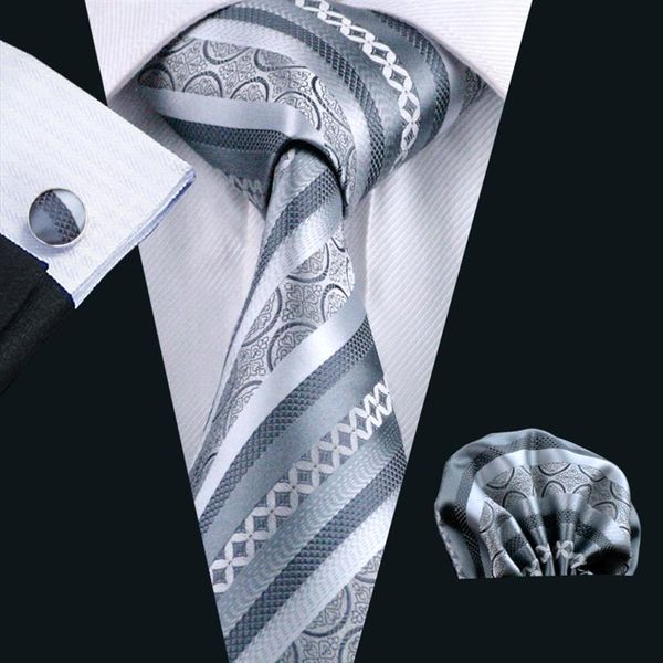 Men için kravat seti gri şerit hankerchief cufflinks jacquard dokuma erkekler kravat seti iş eseri resmi düğün n-0589232x