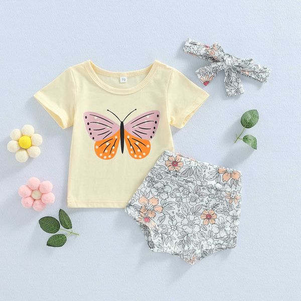 Set di abbigliamento Set di vestiti per neonata per neonato Set di vestiti per bambina estiva Camicia con stampa a farfalla Top Pantaloncini floreali Abbigliamento