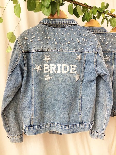 Mulheres jaquetas noiva pérola denim jaqueta com estrelas personalizado esposa jeans casaco de casamento mulher nome personalizado azul 230815