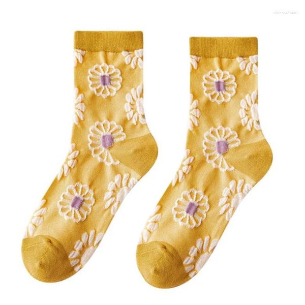 Donne calze autunnali in cotone giallo vintage harajuku 3d jacquard pattern floreale in rilievo studentessa casual mid tube