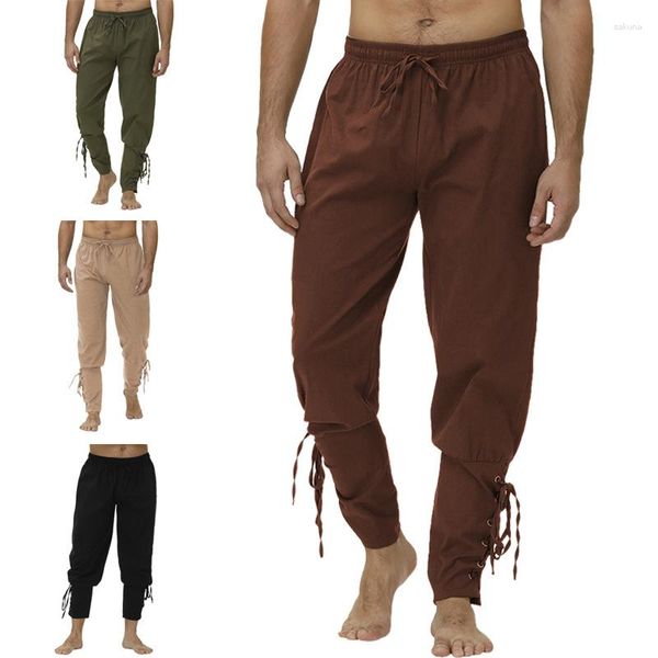 Calças masculinas 2023 Casual Renascença medieval Troushers de cordão Punk Style Retro Moda elástica Pant sólida para masculino