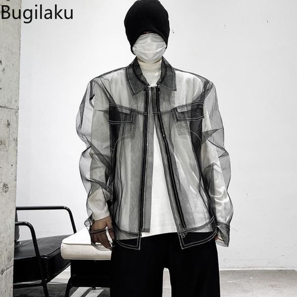 Giacche da uomo BUGILAKU Gli uomini streetwear vedono attraverso i cappotti a maniche lunghe che girano la cerniera del colletto con cerniera High Street Y2K tops ropa 230815