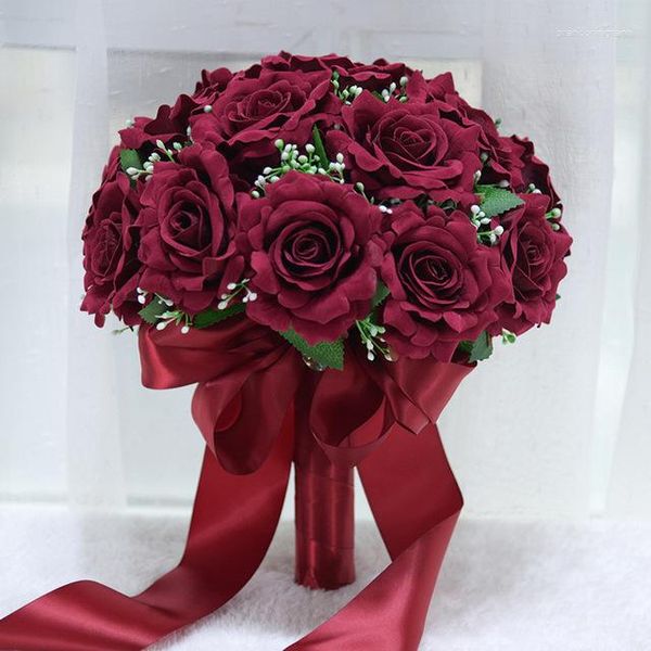 Flores de casamento buquês Borgonha com fita feita à mão decorativa artificial de rosa branca na noiva Bridal Lace Accents