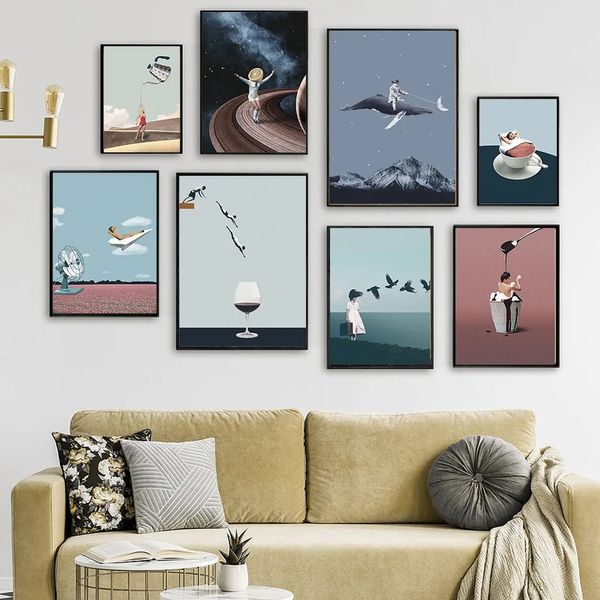 Resumo Os pôsteres de originalidade nórdica e impressões de vidro de vinho de natação pintando imagens de arte do céu moderno para a sala de estar decoração de casa wo6