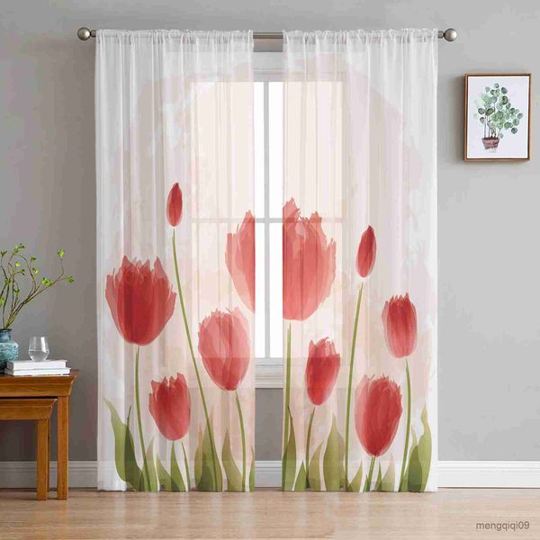 Vorhang Tulpe rote Aquarellmalerei Schlafzimmer Vorhang Fensterbehandlung Vorhang Tüll Vorhang für Wohnzimmer an Sheer Vorhänge R230816