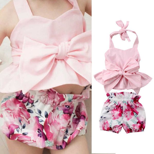 Kleidung Sets Neue Mode Neugeborenen Kleinkind Baby Mädchen Kleidung Set Bogen-knoten Backless Tops T-shirt + Floral Shorts kleidung