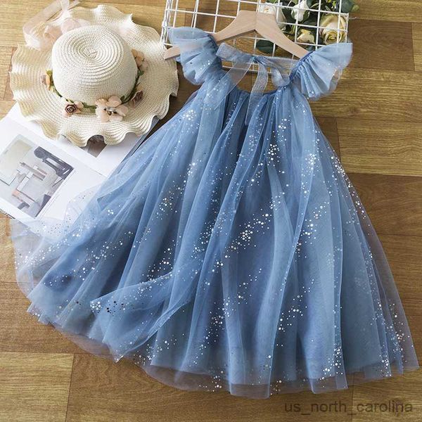Mädchenkleider Girls Blue Pailletten Sommerkleidung Kinder Abendparty Mesh Prinzessin Kostüm Girl Urlaub Casual Clothes für Jahr R230816
