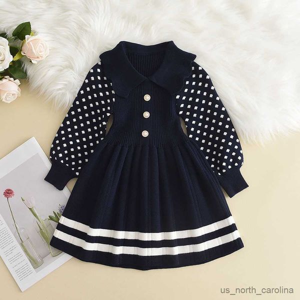 Vestidos de menina bebê malha malhada preppy despojada roupas roupas para crianças outono inverno branco pontas casuais vestido curto r230816