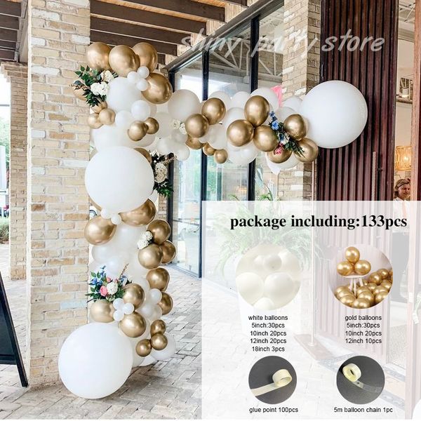Altre forniture per feste di eventi 133 pezzi Set White Balloons Metallic Gold Balloon Garland Garland Kit matrimonio Buon compleanno Anno di Natale decorazioni 230815