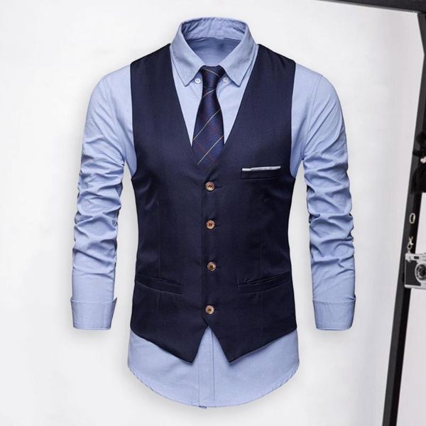 Herrenwesten Männer Anzug Vest Slim Fit Ein-Bastelte V-Nackensilky-Anti-Falten-Business-Weste mit Taschen formeller Bräutigam Hochzeitsmantel