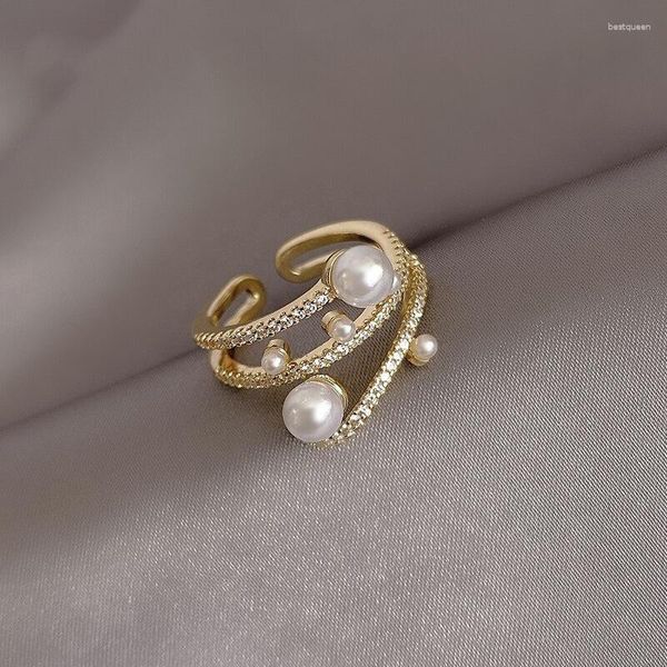 Anéis de casamento Moda vintage Imitação de três camadas de abertura de pérolas ajustável para mulheres indicadas de dedo banhado anel de dedo para mulheres Presente de joalheria