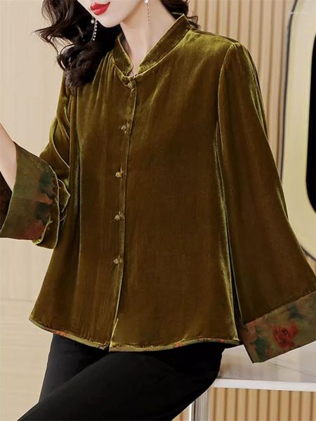 Jackets femininos Só de outono Pescoço solto de seda grande e veludo Tang Tang Lady Temperamento Jaqueta de alta qualidade estilo chinês Top Z2406
