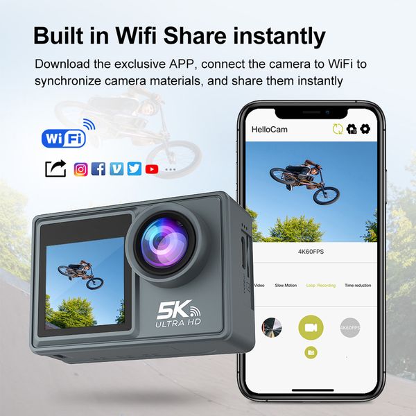 Telecamere resistenti alle intemperie 5K 30fps Azione fotocamera doppia IPS Screen IPS IPROUT BICYCLE CAM CAM da 170 gradi Video all'aperto WiFi TIMED PO 230816