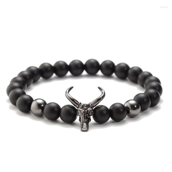 Strand Ashmita Bull Head Skull Men Bracelet 8mm Lava Stone Breads Bracelets de charme fosco de óculos de pulseira de pulseiras jóias