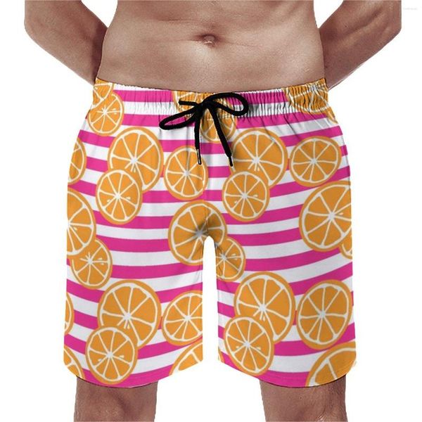 Shorts masculinos laranjas fatias de ginástica rosa e listras brancas quadro casual calça curta gráfica masculina corrida de surf confortável tronco de banho presente