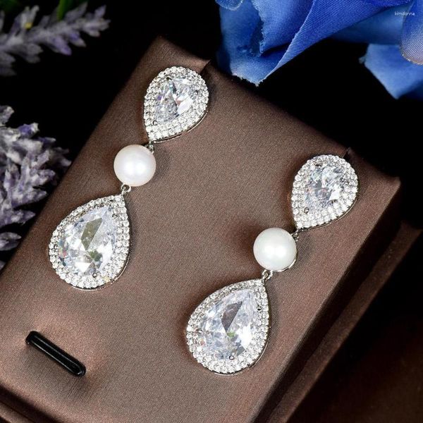 Dangle Ohrringe Hibride Classic Big Water Drop Kubikzirkonia Perle Ohrring weiße Farbe Luxus Hochzeit Braut lang E-548