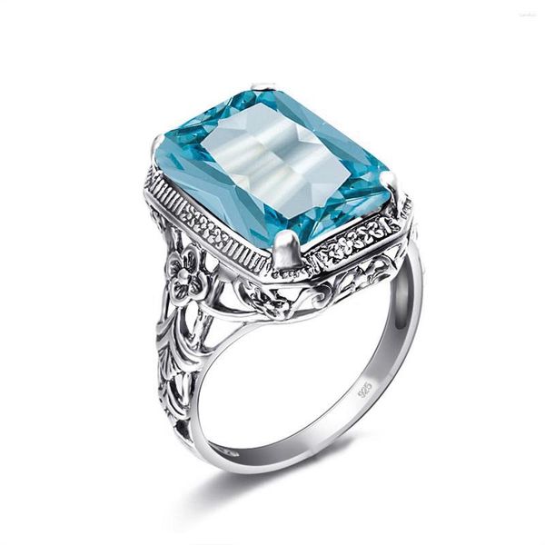 Rings de cluster Anel de casamento aquamarina vintage Solid 925 Sterling Silver Blue Gemstone Fine Elegante Jóias para Mulheres Presente