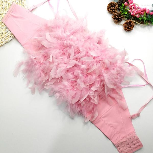 Frauen Tanks Crop Top Feather Nachtclub Tanz sexy rosa Korsett BH Coquette Kleidung Rave Halloween Bustier weibliche Party ärmellose Westen