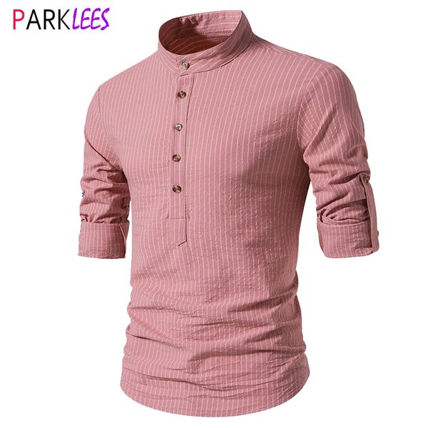 Camicie casual maschili rosa a strisce verticali Henley uomini maniche rotoli del marchio 100% abbottonatura in giù per chimica 2xl 230815