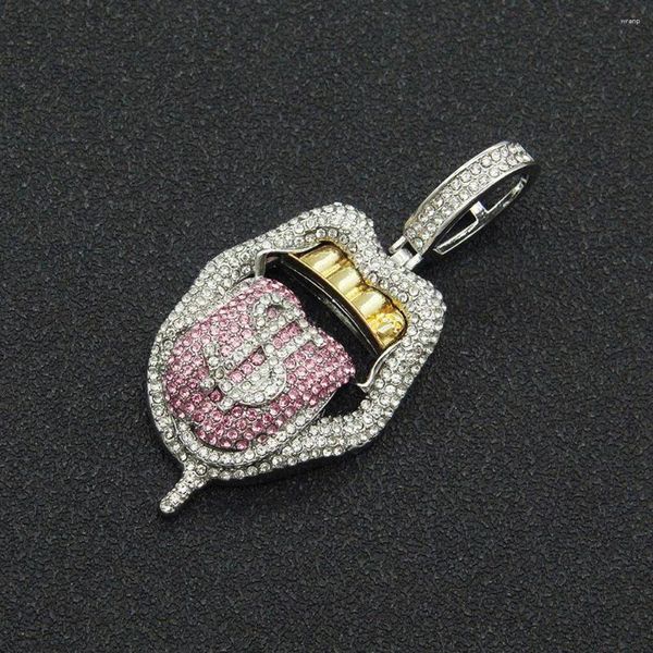 Anhänger Halskette Hip Hop -Dollar rosa Biss Lippenform Tenniskette Halskette für Frauen mit Bling Eced Cuban Link Jewelry