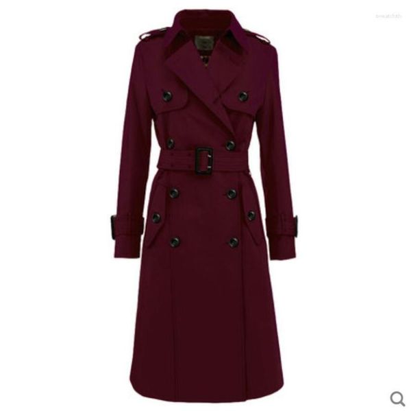 Trench feminina casacos de vinho Vermelho Windbreaker 2023 Primavera outono de até o comprimento do joelho de comprimento do joelho pequeno Drape Britânica