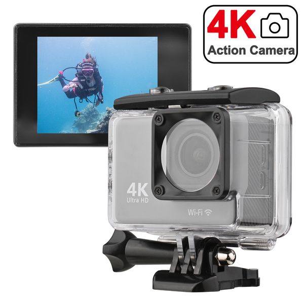 Câmeras à prova de intempéries 4K 60FPS30FPS Câmera de ação 16MP Wi -Fi Sports 20 polegadas LCD Screen 30m98ft à prova d'água para mergulho Surfing Skiing Cycling 230816