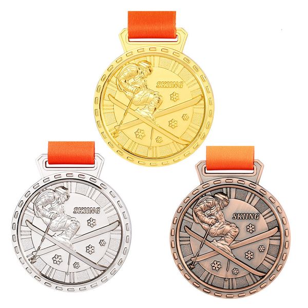 Objetos decorativos Figuras 3D Medalhas de esqui de inverno Medalhas de esqui a zinco Medalhão de prêmio de bronze de prata de prata de prata com boa medalha de esqui de fita de fita 230815