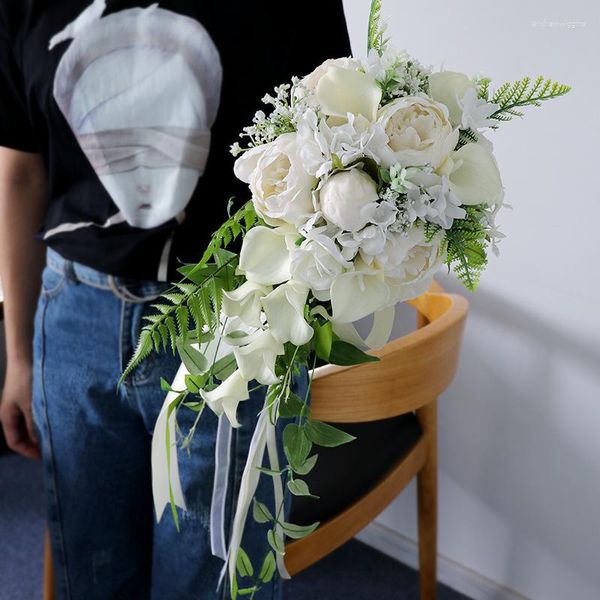 Hochzeitsblumen Nzuk Cascading Braut Bouquet Künstliche weiße Pfingstgefügte De Fleur Mariage Hand Orchideen Wasserfall