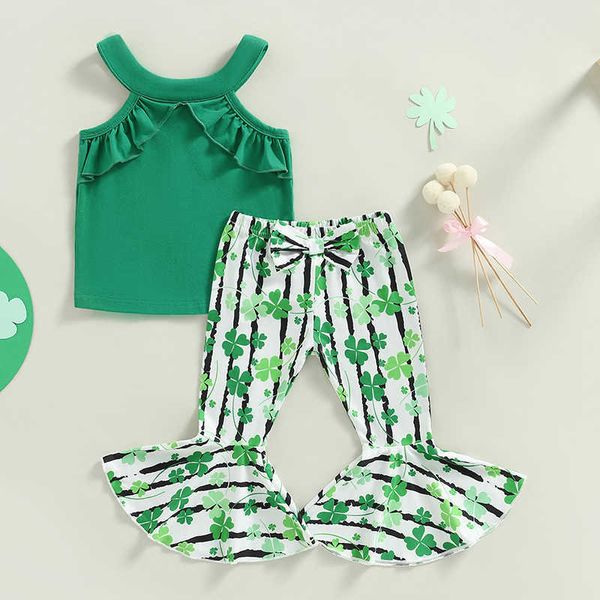 Completi di abbigliamento Vestiti per bambine Completi estivi Completi estivi Canotta senza maniche verde Pantaloni svasati con stampa quadrifoglio Set di abbigliamento per bambini