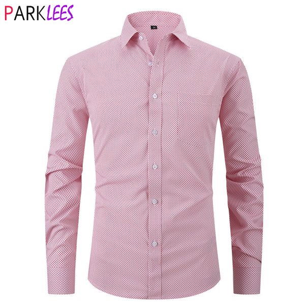 Camisas casuais masculinas vestido xadrez rosa para homens de manga longa de manga comprida