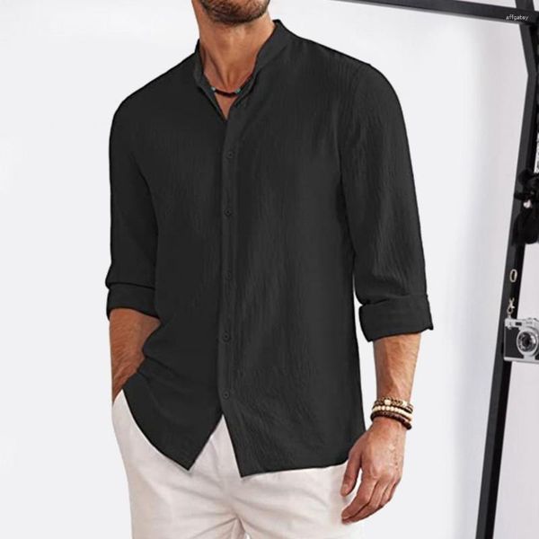 Camisas casuais masculinas Men Stand Collar Top elegante Cardigan Camisa de manga longa e suave com tecido respirável para o outono