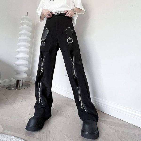 Calça masculina homens homens zíper moda de rua escuro preto punk cargo gótico masculino de calças retas funcionais