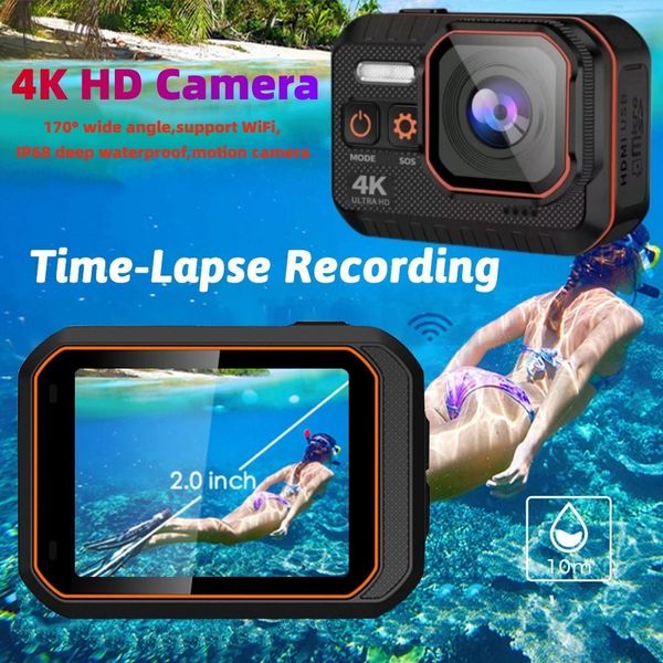 Погодные камеры 60 кадров в секунду мини -камера Wi -Fi Outdoor Sport 170 ° шириной 4K HD Action CAM Водонепроницаемый мотоцикл мотоциклевого шлема со светодиодным экраном 230816