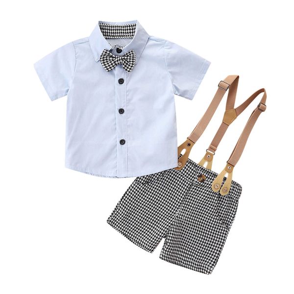 Set di abbigliamento Completi con stampa scozzese infantile Abiti per neonato Bottoni Manica corta Risvolto Camicia con fiocco Bowknot Pantaloni con bretelle Abiti da uomo