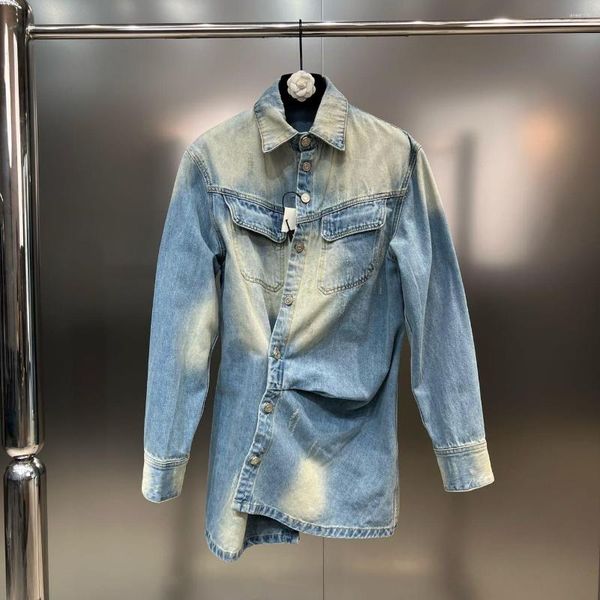 Kadınlar bluzları Superaen 2023 Sonbahar Lapelcollar Uzun Kollu Cep Toka Bel Geri Vintage Yıkanmış Denim Gömlek