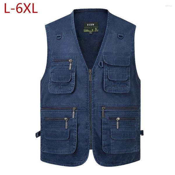 Coletes masculinos L-6xl Big Size Men Multi Pocket Cotton Vest Casual Com muitos 14 bolsos com calças sem mangas.