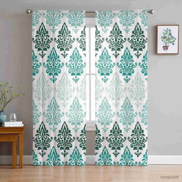 Cortina de luxo gradiente de padrões de teal tule cortina para a sala de estar cortinas de decoração de quarto de sala de estar cortinas de decoração de cozinha r230816