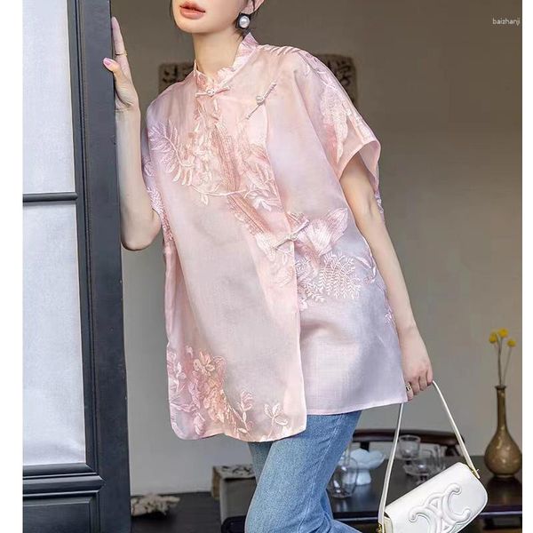 Blouses feminina rosa Camisa de seda bordada retro rosa para o estilo chinês de verão elegante e elegante botão de peito solto solto S-xxl