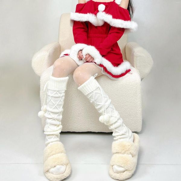 Women Socks Autumn Winter Japanese Girl Cute Hairball Knee Warm Leg Cover Harajuku JK Handmade White Knitted Warmer