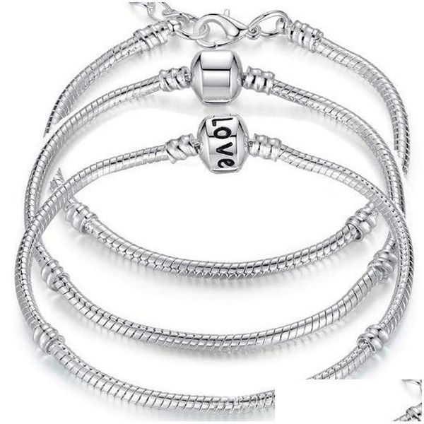 Perlen Antiquitäten 925 Sterling Silber Charme Armbänder Europäische 3 -mm -Schlangenkette Fit Pandora Charms Barmband für Frauen fallen del dhyst