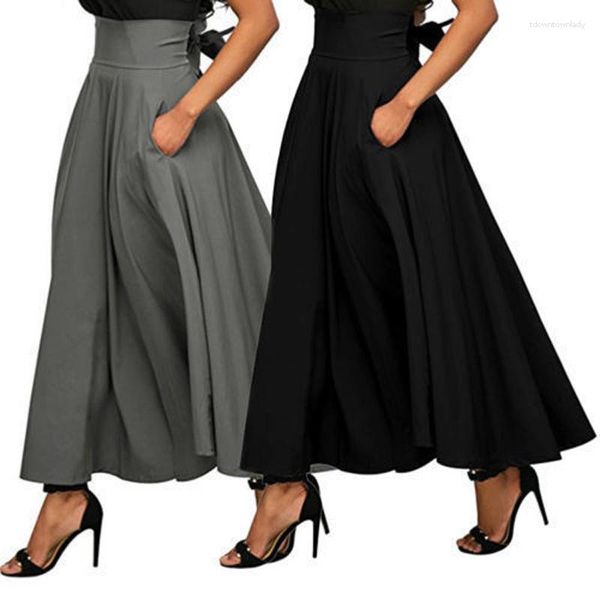 Röcke 2023 hohe Taille plissierte lange Frauen Vintage Flared Vollrock Swing Satin Kleid