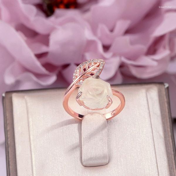 Кластерные кольца для женщин Чистые украшения 925 Стерлинговое серебро 10 10 мм Прехнит Натуральные драгоценные камни Розовые цветочные листья 18K Золотое кольцо R-Pr014